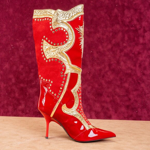 Jeffrey Campbell Business Red Patent Leather Suede Gold Knee High Boots sz7 - Picture 9 of 9